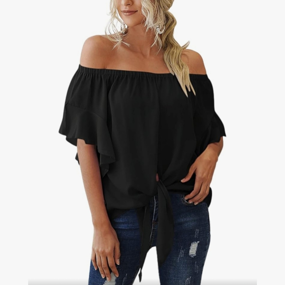 Black Off Shoulder Bell Sleeve Tie Front Blouse Flowy Romantic Boho Chic Top M